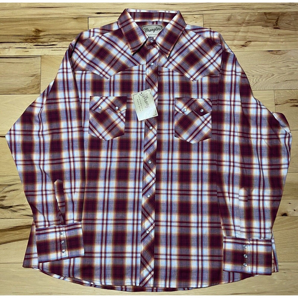 Wrangler Pearl Snap Western Shirt Red Orange Plaid Mens XXL Long Sleeve Pocket